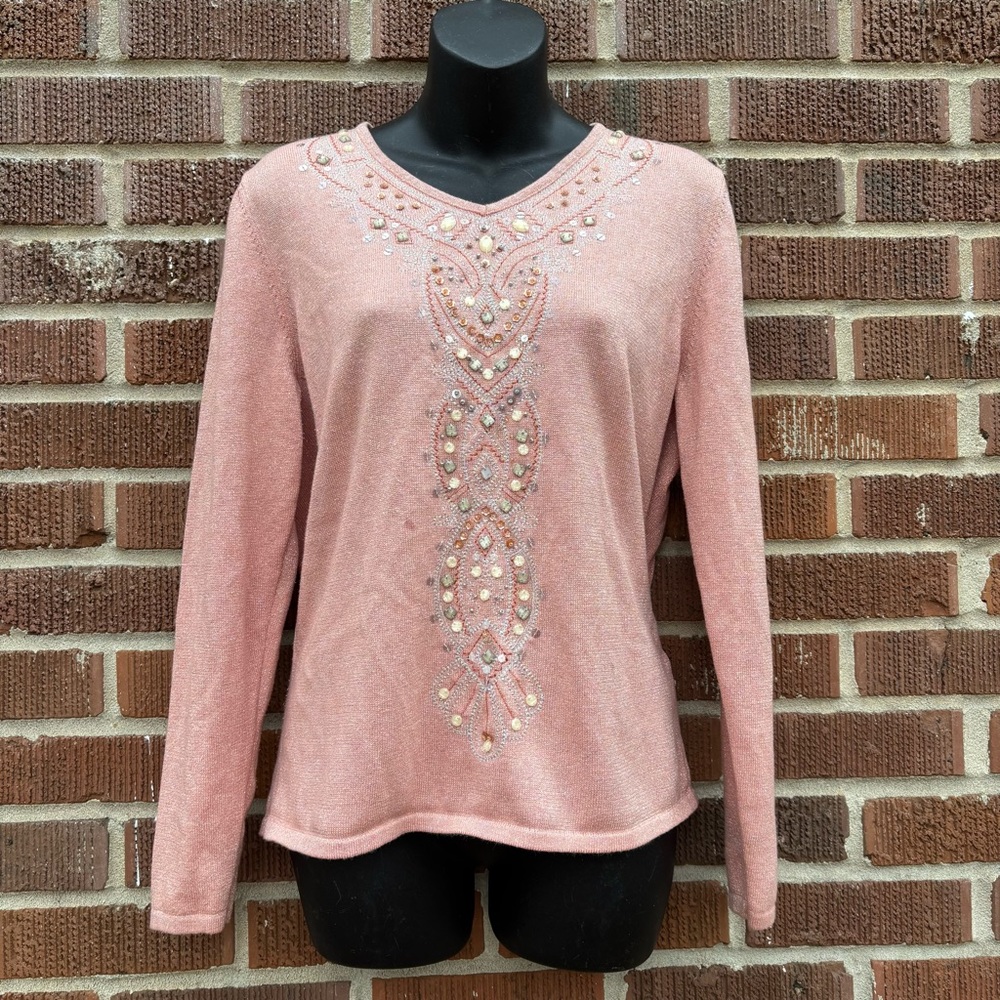 Alfred Dunner Coral Pink Shimmering Embroidered Sweater Top V-Neck Size S